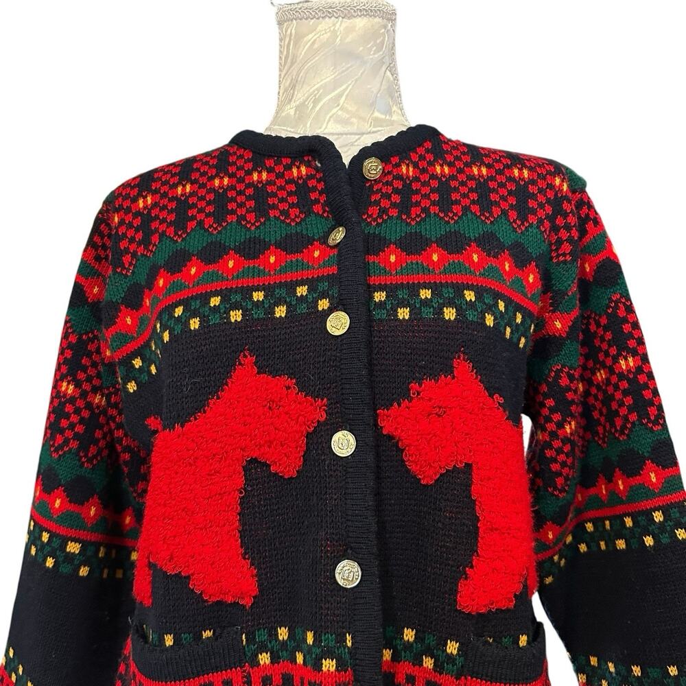 Vintage 80s Dog Fair Isle Cardigan Navy Red Gold Buttons Novelty Knit L - Picture 6 of 14